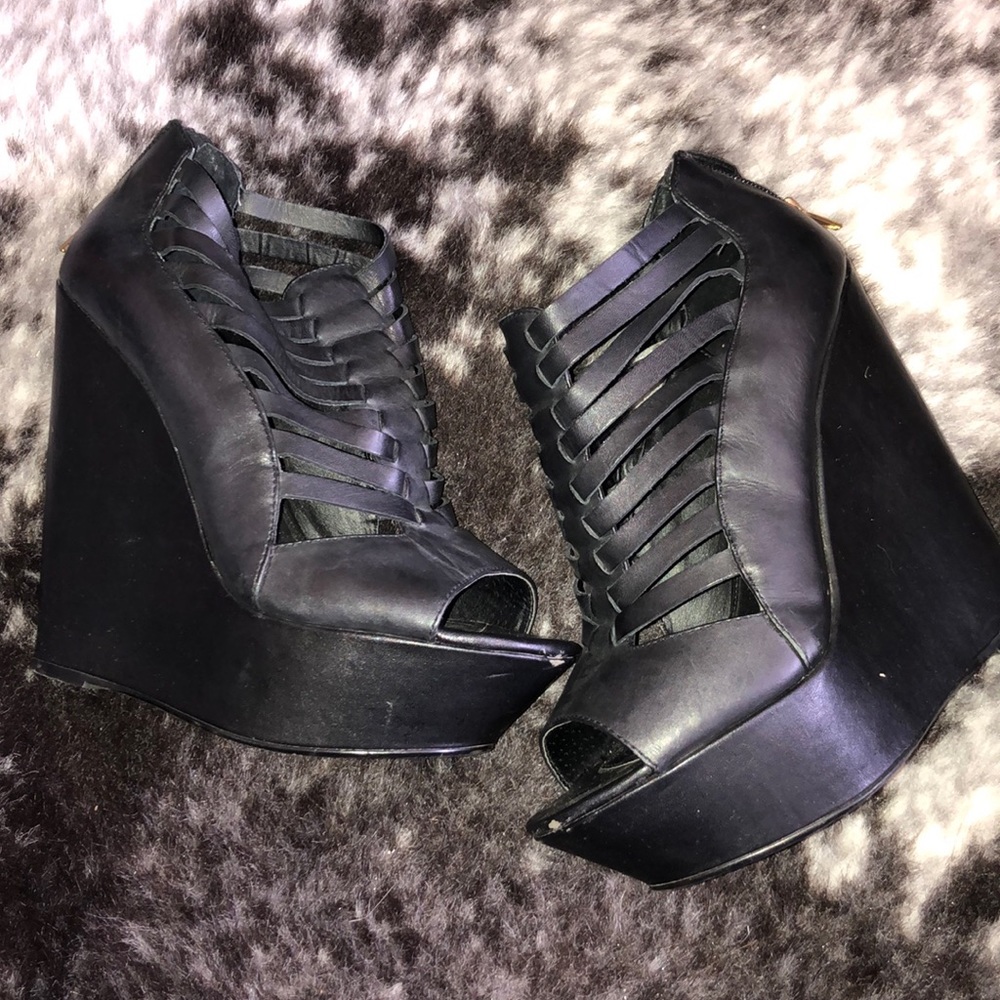 Black leather wedges
